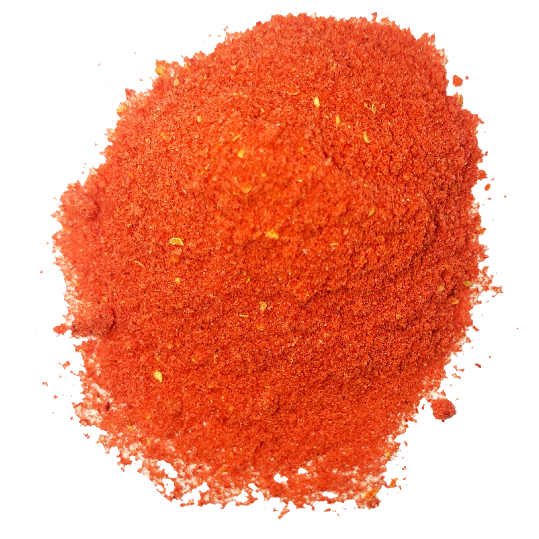 Bright red circle of fine organic freeze-dried strawberry powder from Smoov blends. Made from organically grown strawberries.