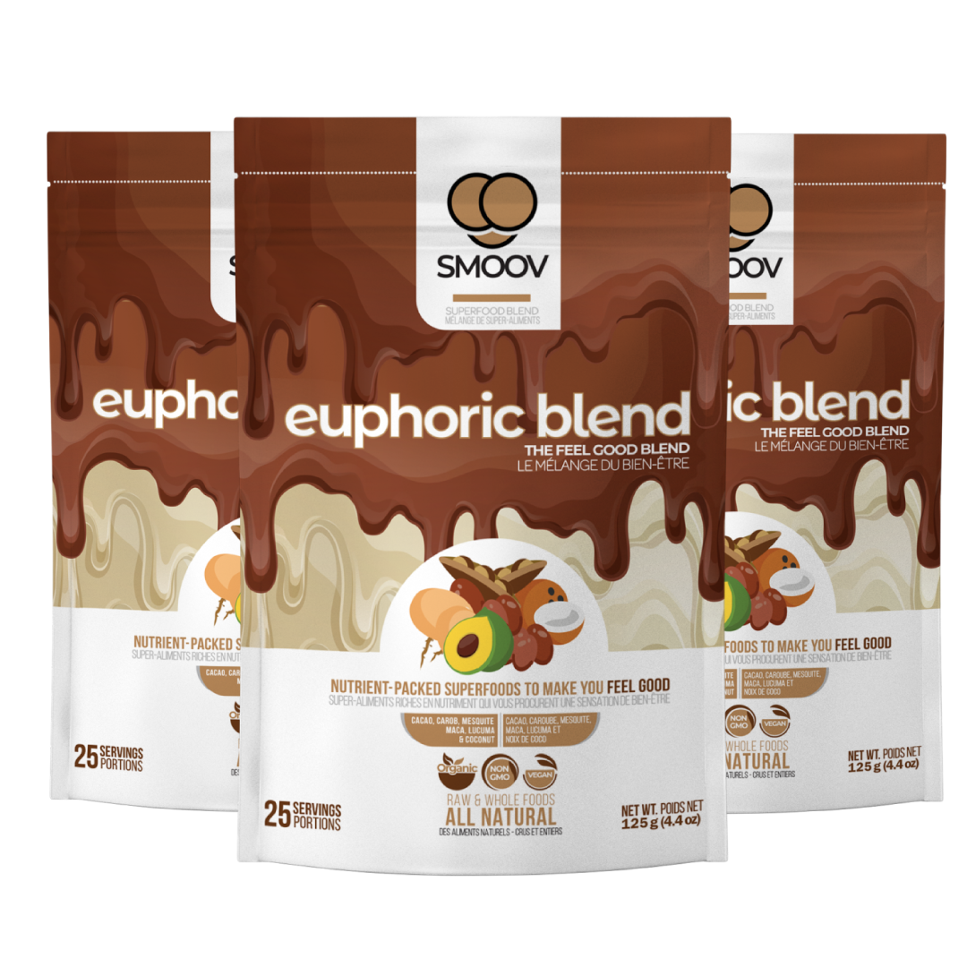 SMOOV euphoric blend has 6 powerful and delicious foods packed with antioxidants, healthy fats and adaptogens- Raw cacao, Carob, Mesquite, Maca, Lucuma and shredded Coconut. A healthy way to satisfy cravings and boost mood instantly!