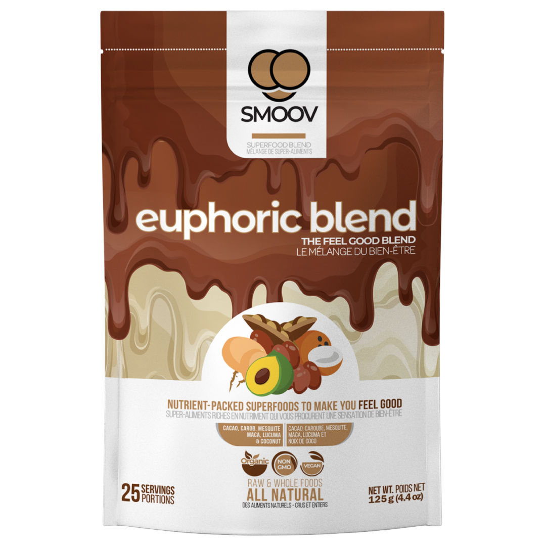 Our euphoric blend is a blend of 6 antioxidant rich superfoods and adaptogens to help satisfy any dessert of chcoolate cravings and help you feel good.
