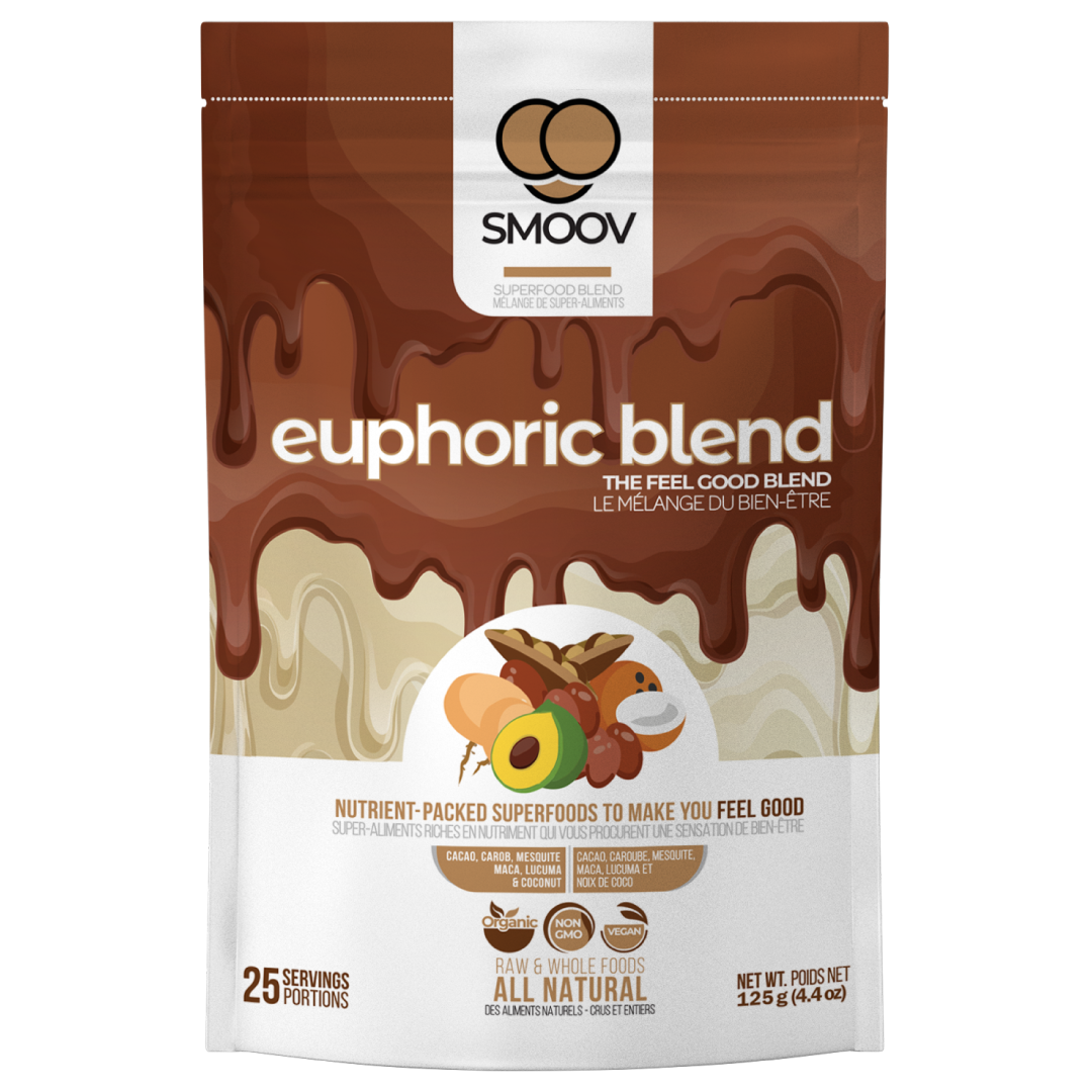 SMOOV euphoric blend has 6 powerful and delicious foods packed with antioxidants, healthy fats and adaptogens- Raw cacao, Carob, Mesquite, Maca, Lucuma and shredded Coconut. A healthy way to satisfy cravings and boost mood instantly!