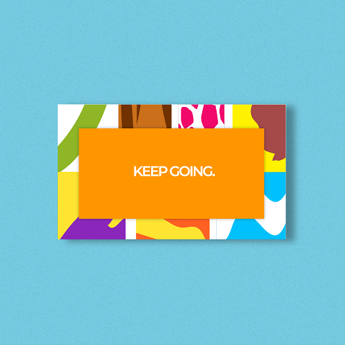A rectangular card on a light blue background.The border of the card has 7 colourful patterns to represent the 7 Smoov blends and the center says, 