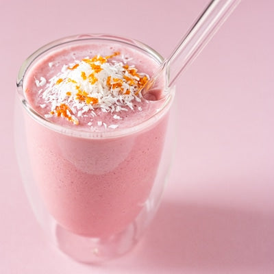 Pink superfood smoothie made using SMOOV's blush blend