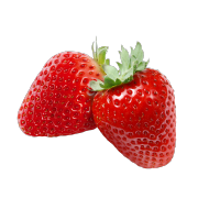 A pair of fresh bright red strawberries. One of the ingredients used in Smoov's blush blend.