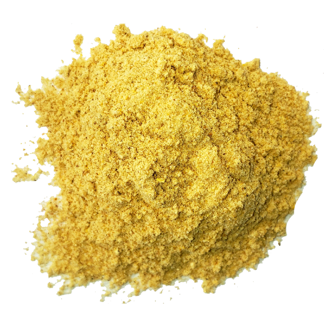 A circle of golden brown mesquite powder from Smoov Blends.