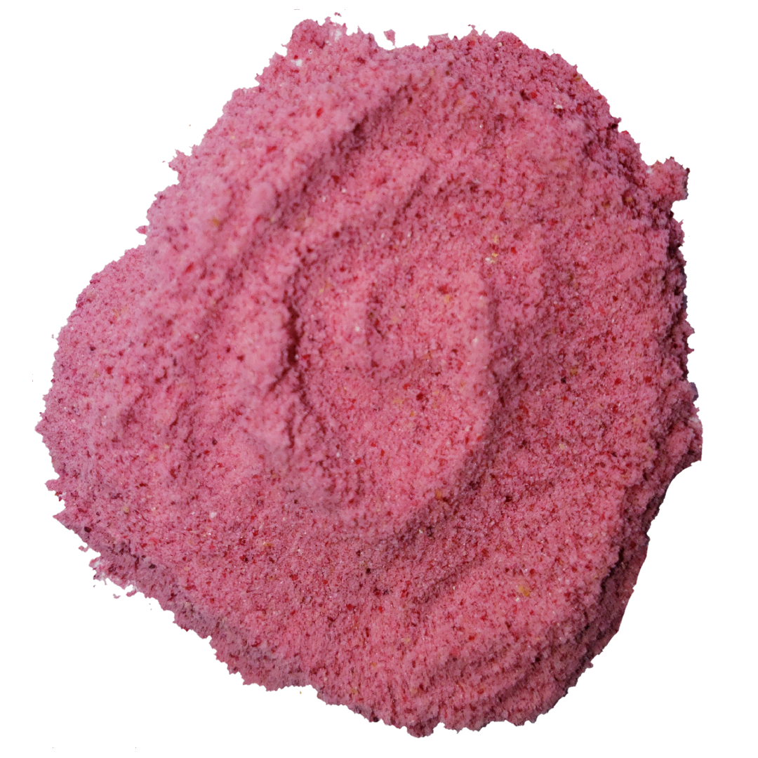 Circle of bright pink pomegranate powder from Smoov Blends.