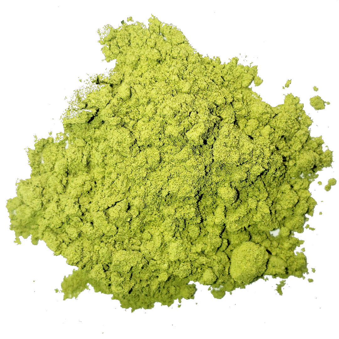Circle of bright vibrant green moringa leaf powder from Smoov Blends.