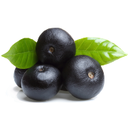 A bunch of dark purple acai berries with bright green rounded leaf. One of the ingredients in Smoov's berry exotic blend. 