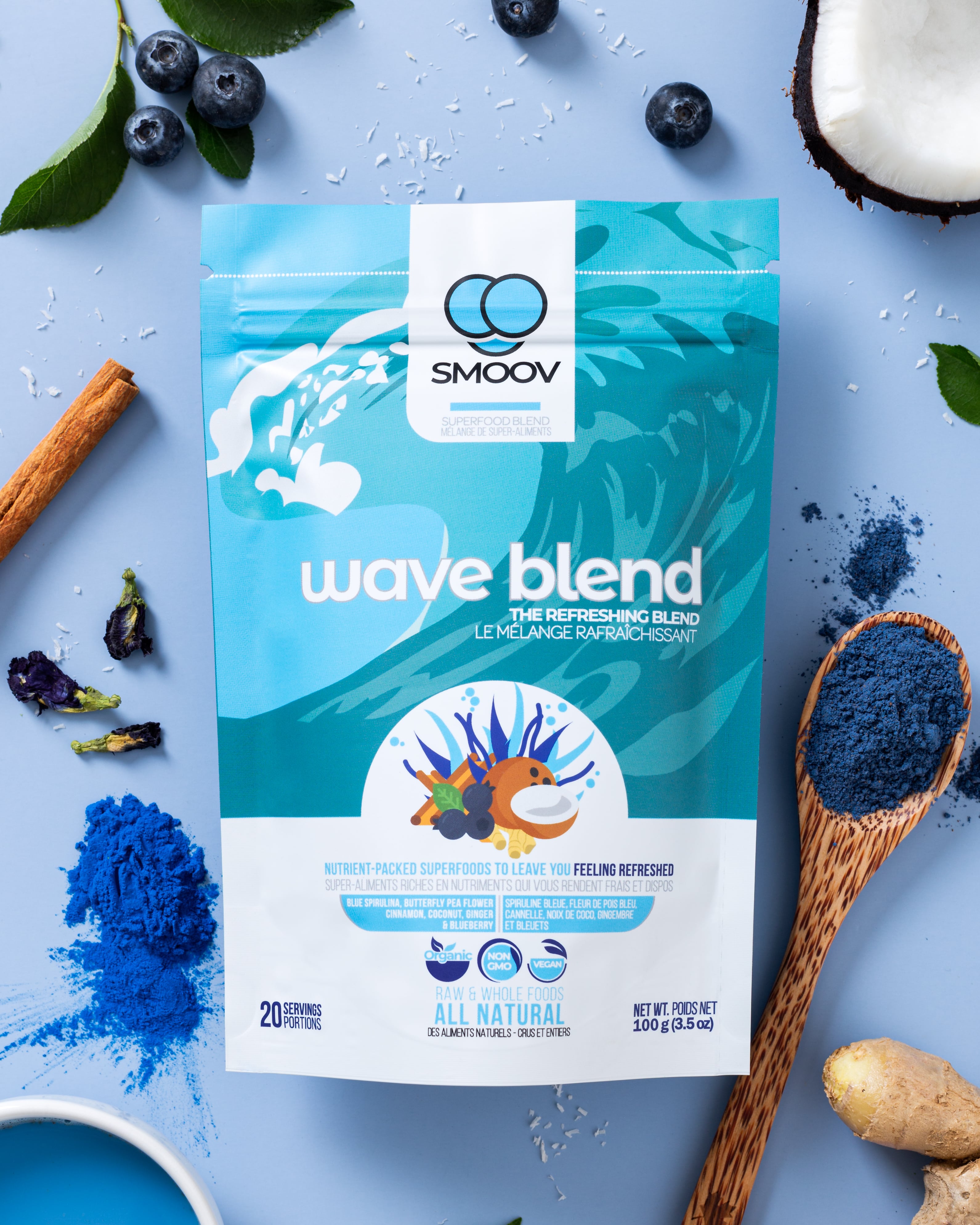 Our naturally colourful wave blend has 6 powerful antioxidant and vitamin B rich superfoods for energy, immunity and digestion. Natural food colouring for baked treats. Delicious chai lattes.