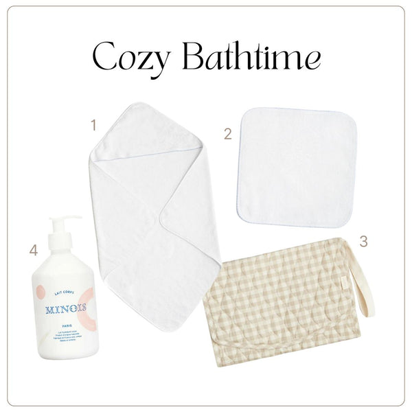 Toddler Towel White Poncho - Blue Trim, Classic White Washcloth - Blue Trim, Lotion, Portable Changing Pad- Beige Gingham