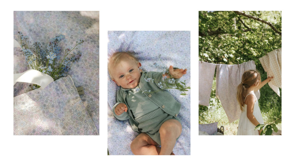 3 images with a baby laying outdoor on a duvet and flowers coming out of a duvet bag