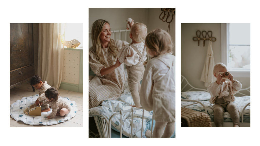 3 images of childen playing on their beds and playmats with knit toys