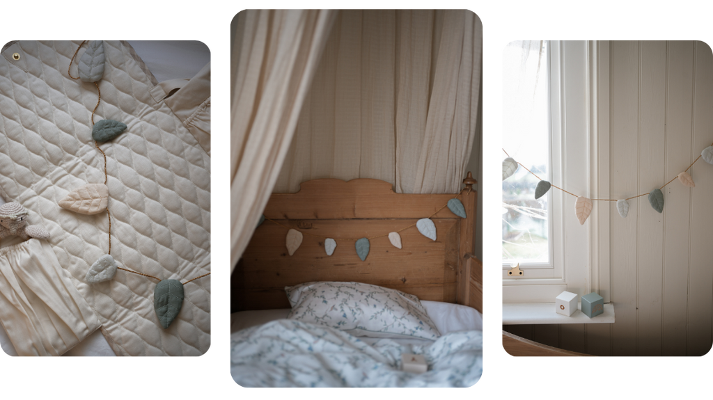 Three images of the Garden Garland overlaying a mattress, a bed head board, and a window.