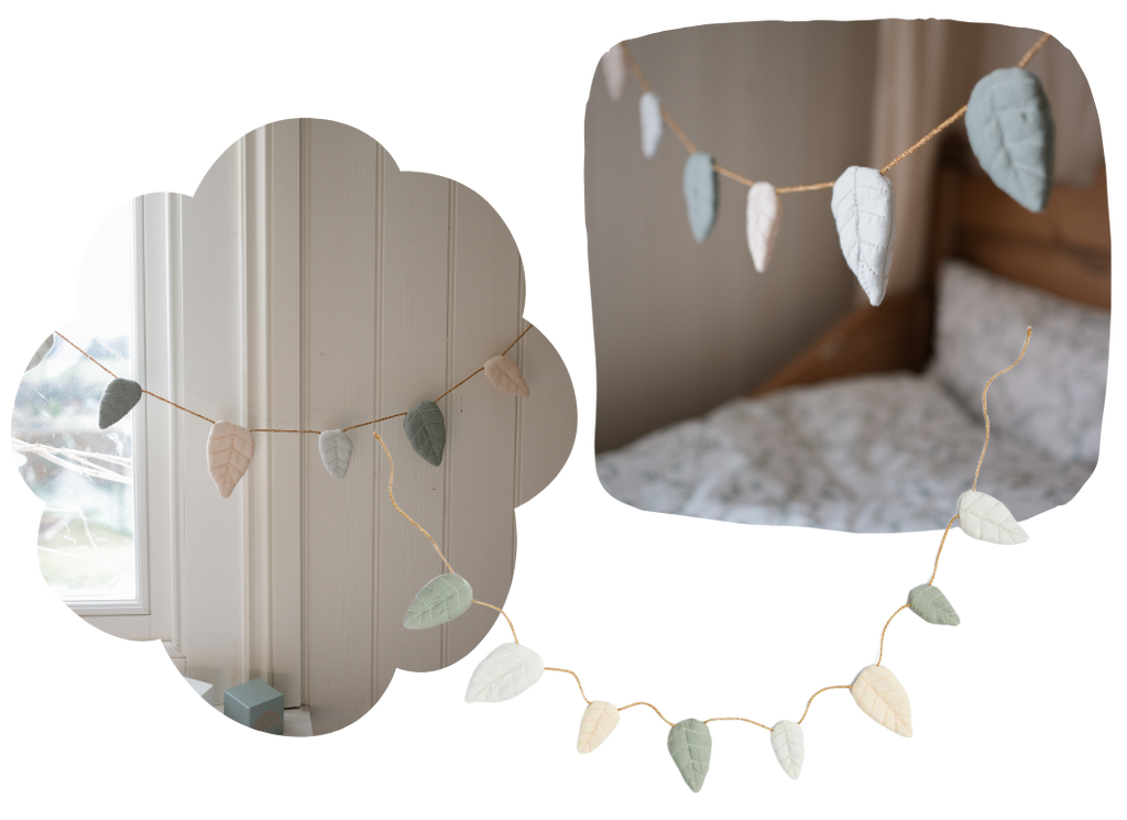 Three images of the Garden Garland. One featuring the garland across a window, across a bed, and on it's own.
