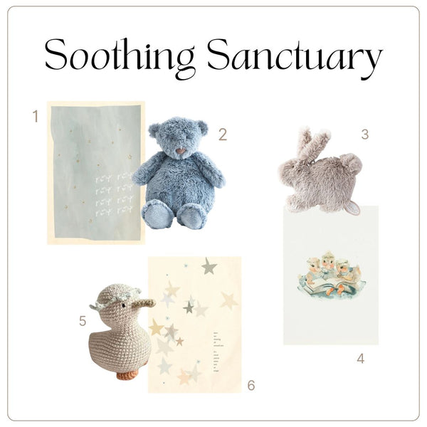 Wall Art - You are the Light + Noann the Teddy Bear - Blue, Emma the Stuffed Animal Rabbit - Grey Beige + Wall Art - Stars are Dancing, Goosie Knit Companion + Wall Art - Storytime with Friends