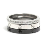 Cartier 3-Ring Black Ceramic Diamond & 18KT White Gold Love Ring Set Size 52