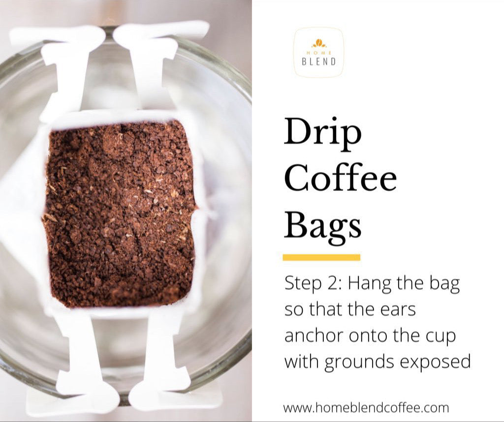 Hang the bag so that the ears anchor onto the cup with grounds exposed