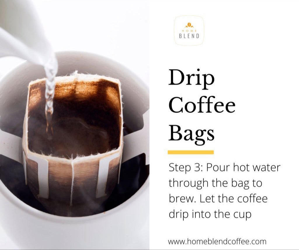 Pour hot water through the bag to brew. Let the coffee drip into the cup