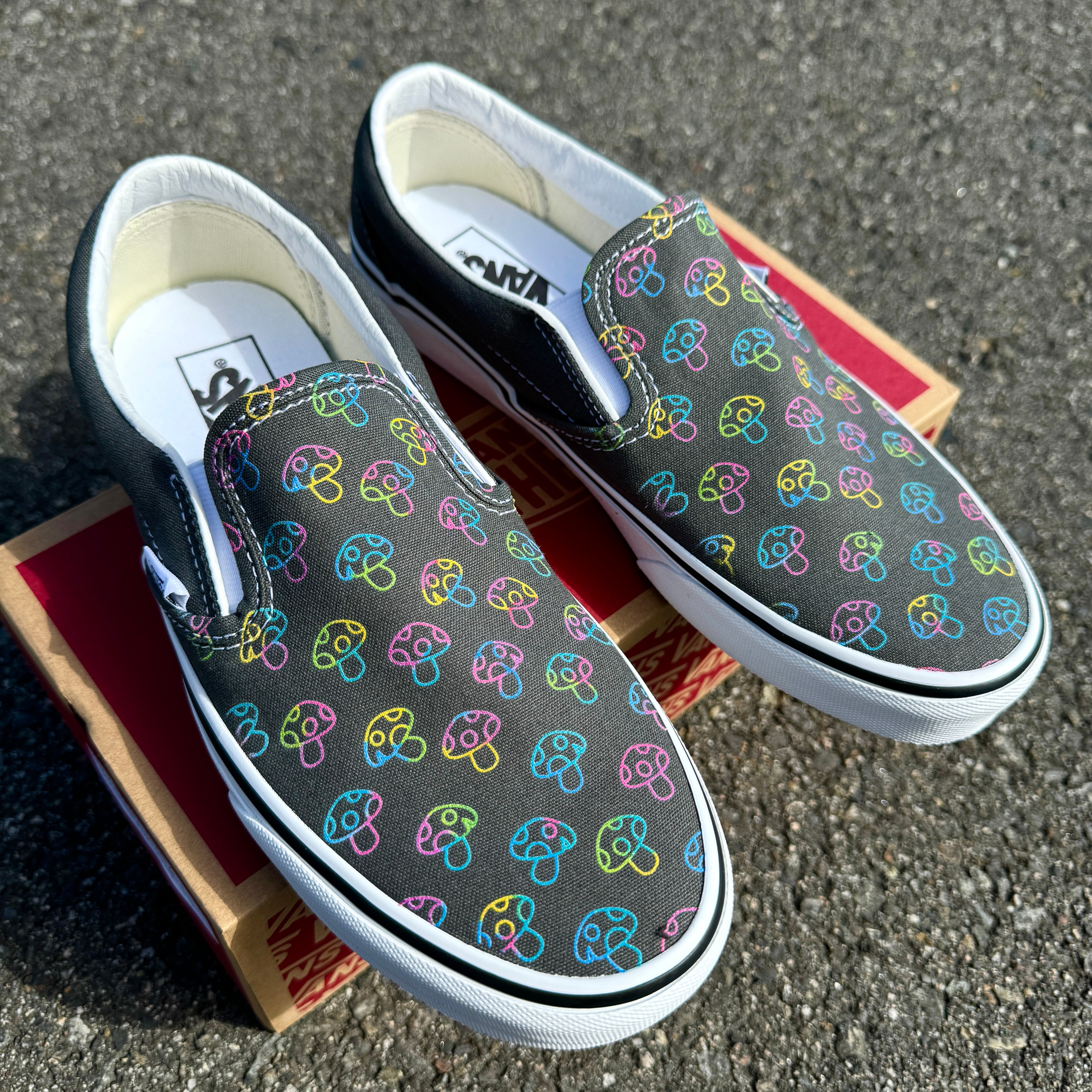 Custom Vans Mushy Mushroom - Charcoal Slip On Shoes - Custom Vans Shoes - BlvdCustom product image