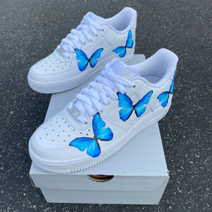 white nike air forces with butterflies