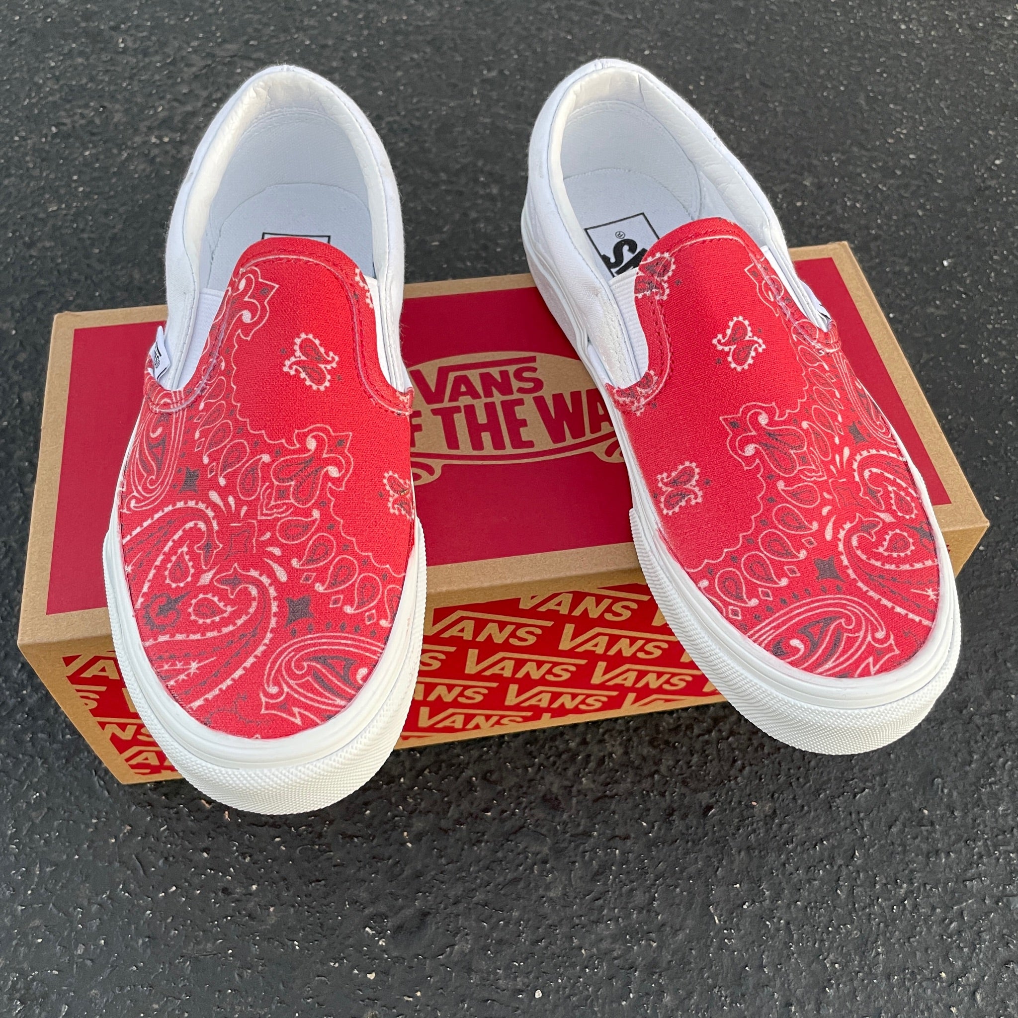Red Bandana Print - Custom Slip On Vans – BlvdCustom