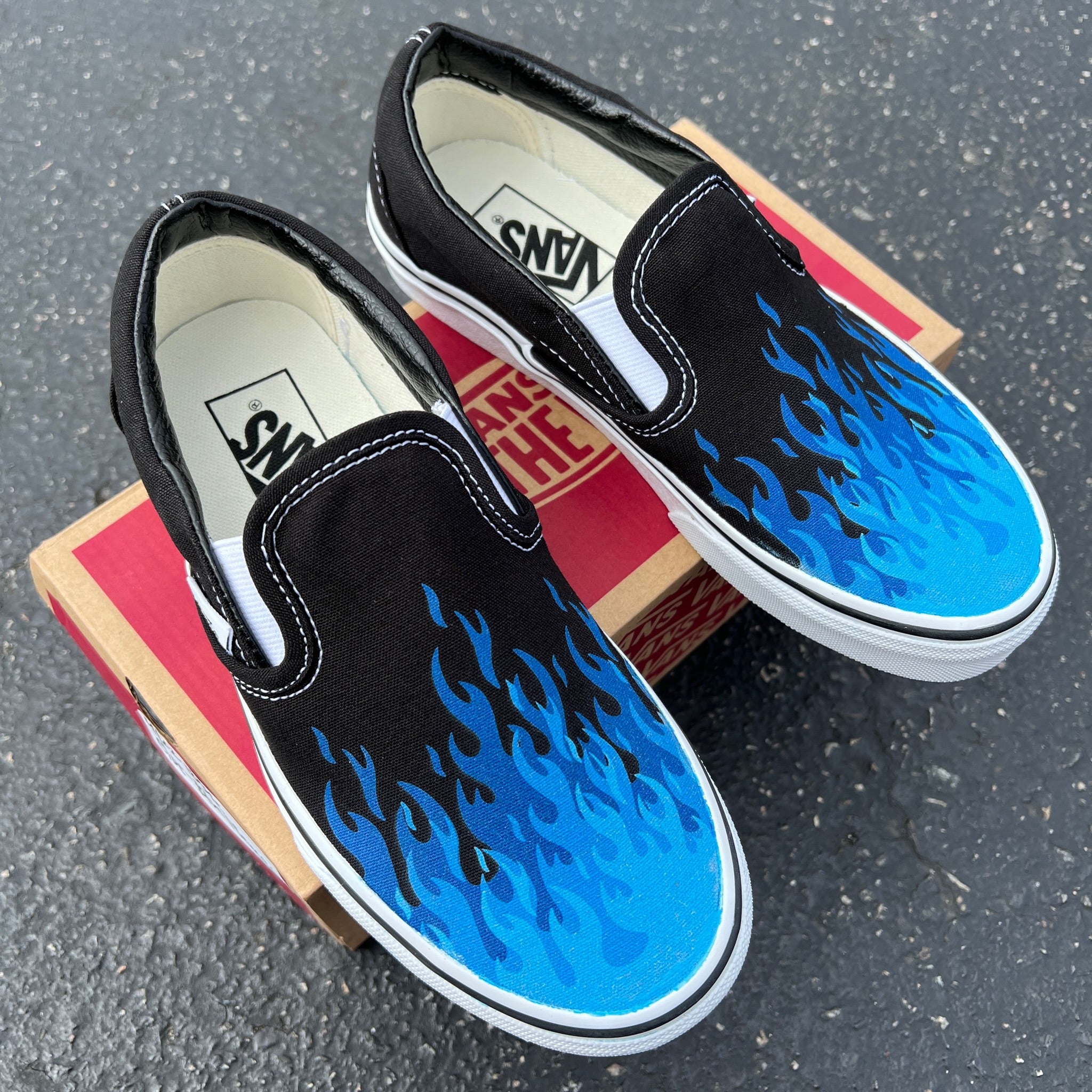 Hot Blue Flame Shoes - Custom Vans Black Slip On Shoes – BlvdCustom