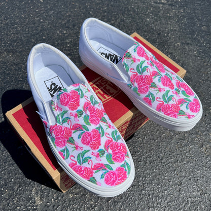 Hot Flamingos Roses - Custom Vans White Slip On Shoes – BlvdCustom