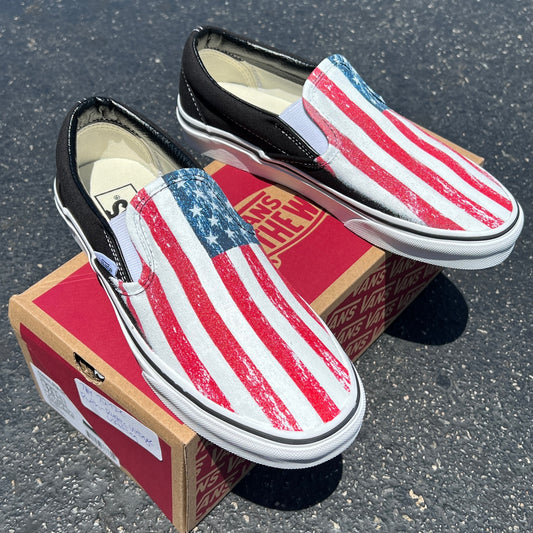 Black Slip On Vans Shoes for Men and Women Featuring American Flag Made in  USA - Custom Vans Shoes