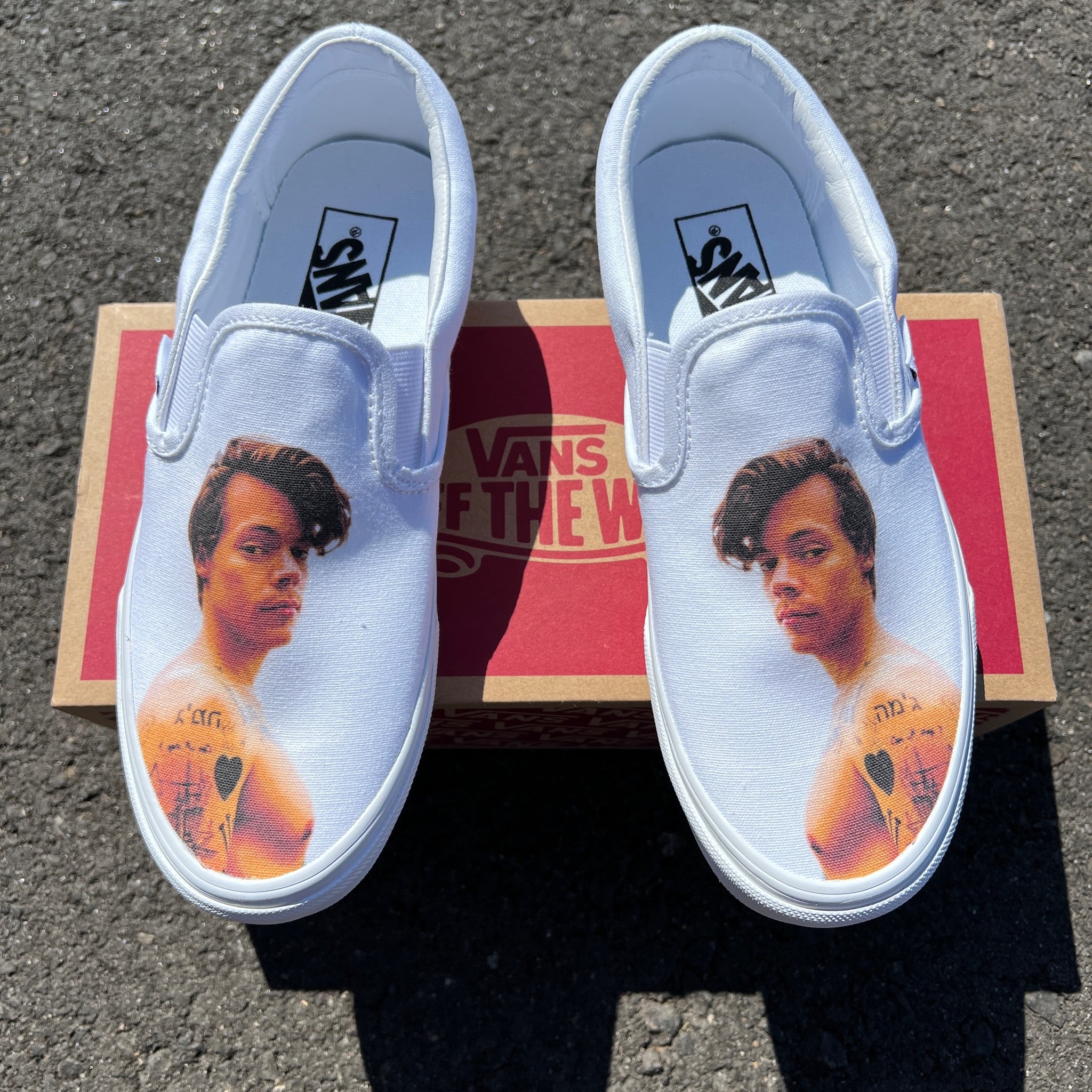 Harry Styles Custom Sneakers - White Slip On Vans – BlvdCustom