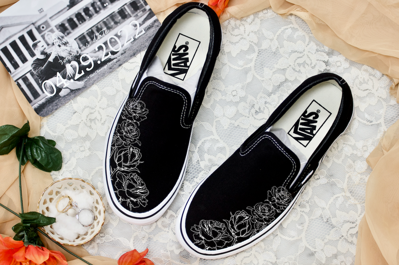 Black White Rose Flower Wedding shoes - Custom Vans Shoes – BlvdCustom