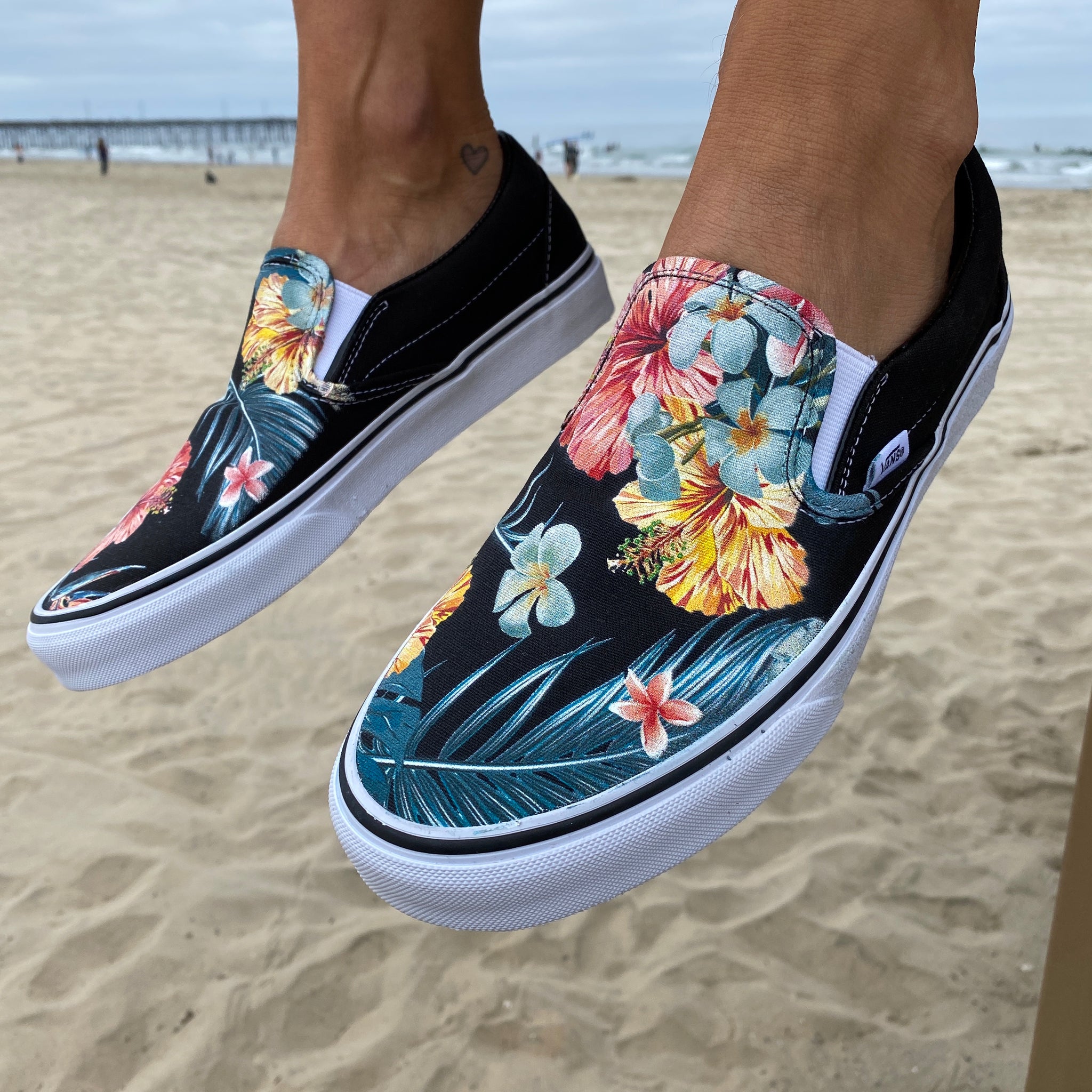 Tropical Hawaiian Black Slip Ons 