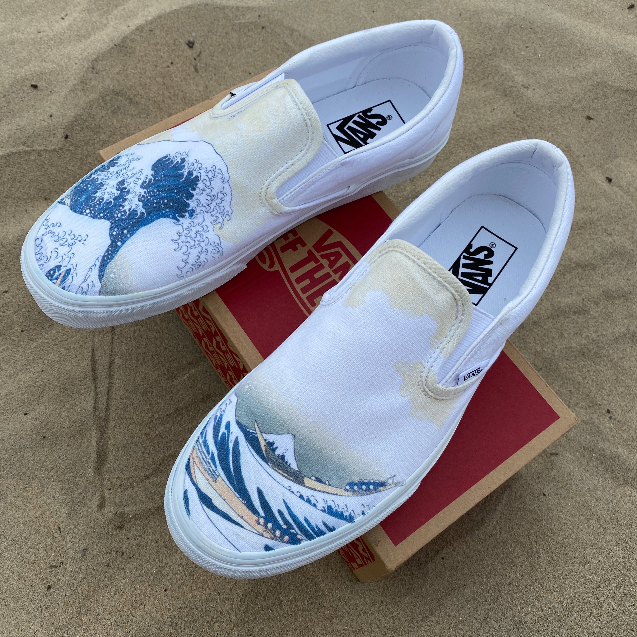 The Great Wave Off Kanagawa Custom White Slip On Vans – BlvdCustom