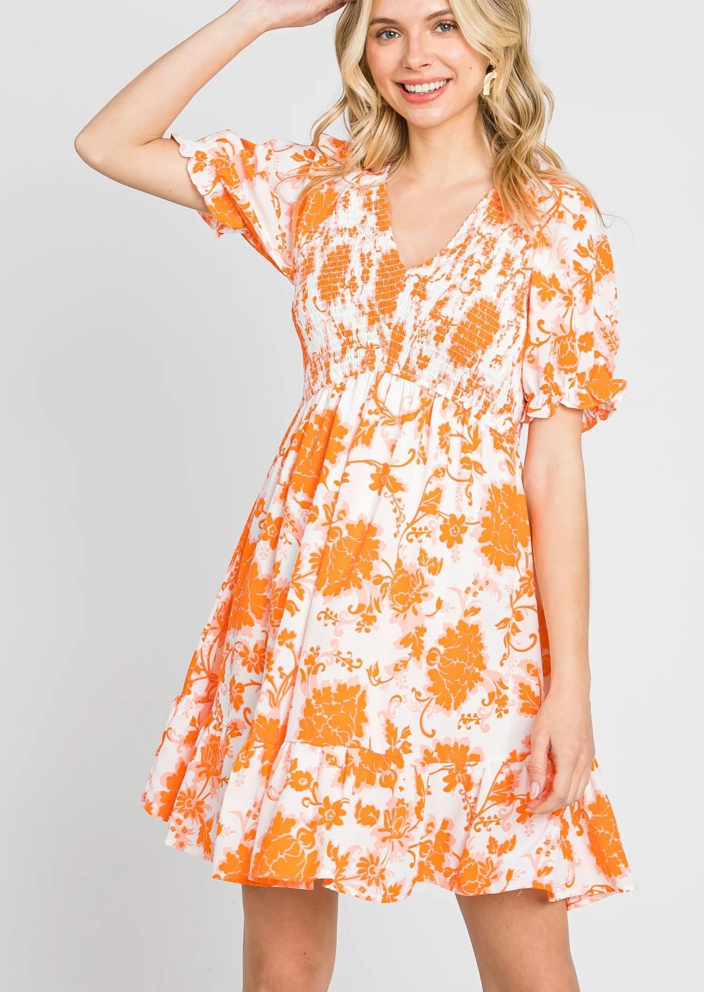 Orange Floral Smocked Puff Sleeve Dress~FINAL SALE