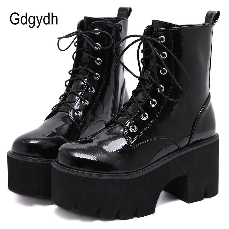 ladies black patent leather ankle boots