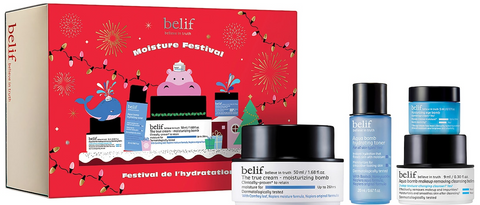 Lithe Lashes Blog Holiday Gift Ideas, belif Moisture Festival set from Sephora website, showcasing skincare products, moisturizing bomb, aqua bomb, eye bomb, makeup removing bomb, in a red christmas box with christmas tree and lights, playful whale and hippo with fireworks in the background