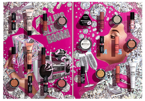 Lithe Lashes Blogs Holiday Gift Ideas NYX-Diamonds & Ice, Please 24 Day Holiday Countdown Advent Calendar, showcasing various loud images of lipsticks, eyeshadow, glosses, with background images of cash, diamonds, and stereo system, with champagne glasses