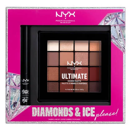 Lithe Lashes Blogs Holiday Gift Ideas NYX-Diamonds & Ice, Please Shadow & Liner Set, showcasing shadow palette of various brown shades, with diamonds in the bottom left and upper right dark pink background