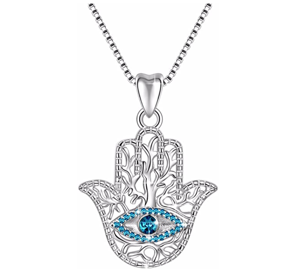 Blue Simulated Diamond Hamsa Hand Fatima Necklace Evil Eye Lucky Charm ...