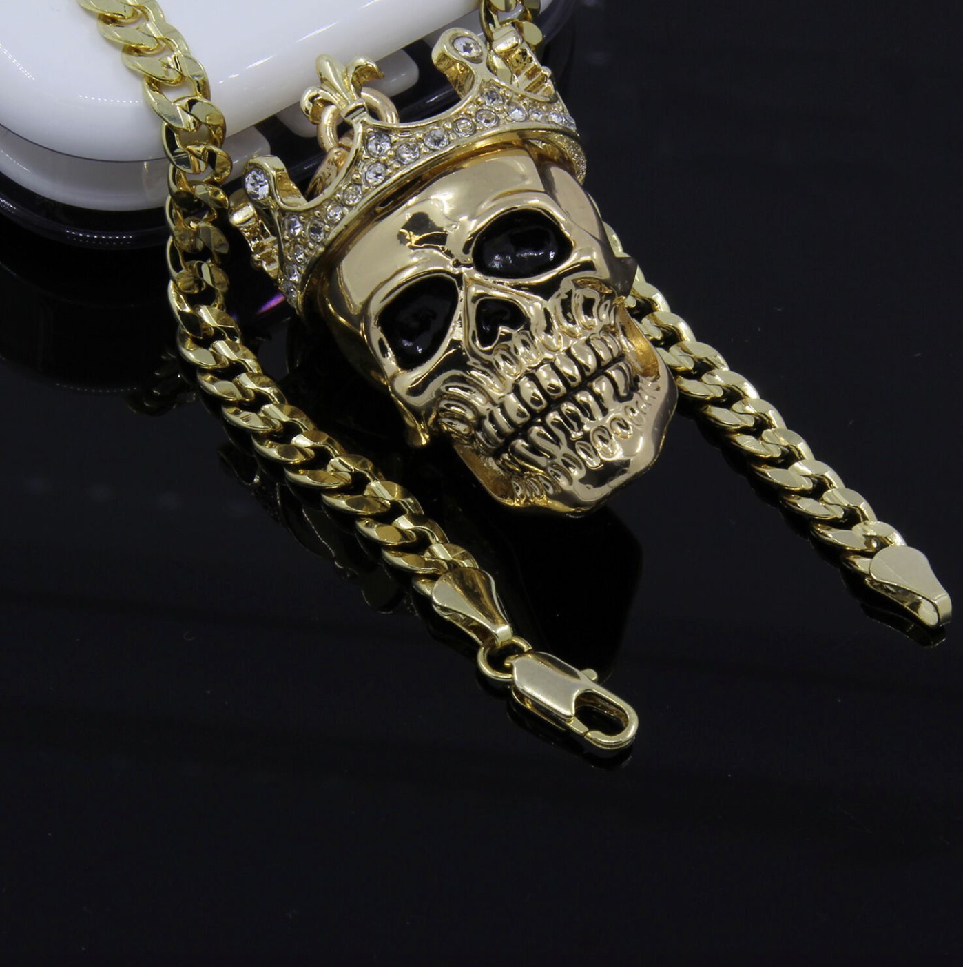 King Head Skull Pendant Necklace Gold Color Metal Alloy Simulated Diam ...