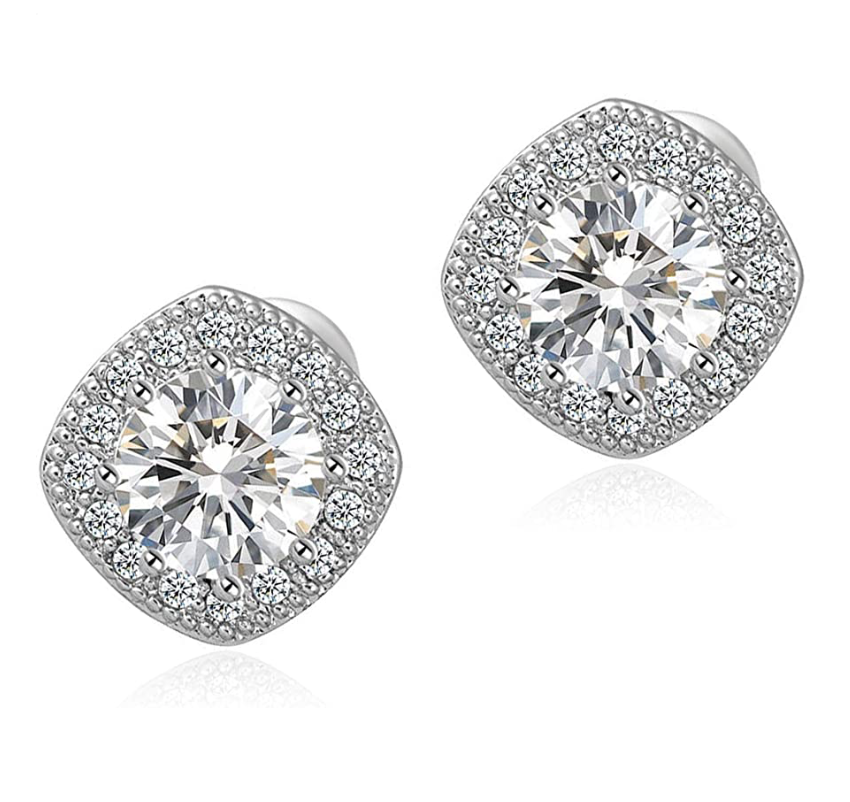 10mm Halo Earring Simulated-Diamond Stud Silver Color Metal Alloy Earr ...