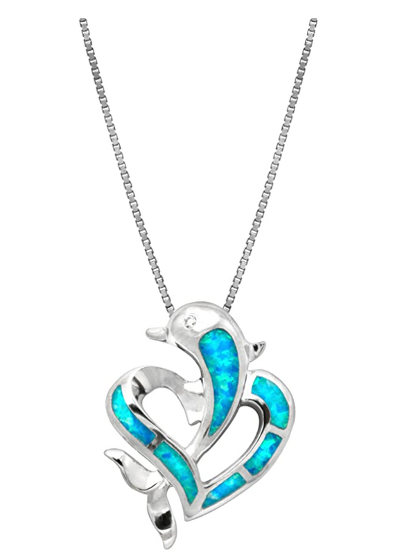 Blue Opal Heart Dolphin Necklace Pendant Island Dolphin Beach Memorial Jewelry Tropical Chain Birthday Gift 925 Sterling Silver 18in.