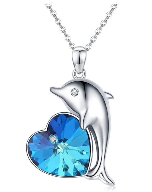 Blue Diamond Heart Dolphin Cross Pendant Necklace Island Dolphin