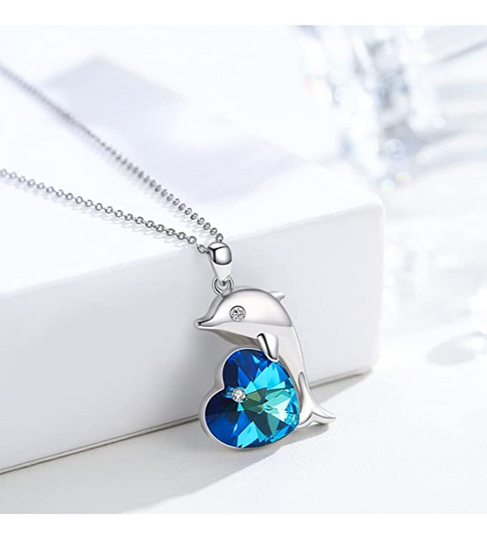 Blue Diamond Heart Dolphin Cross Pendant Necklace Island Dolphin