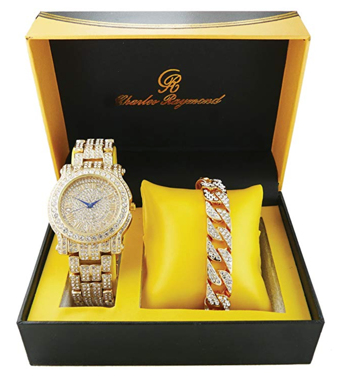 Gold Color Simulated Diamond Luxury Watch Set Hip Hop Cuban Link Brace