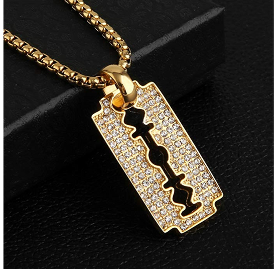 Straight Razor Necklace Blade Iced Out Gold Barber Chain Simulated Dia ...