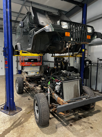 Jeep Wrangler YJ with the body removed from the frame