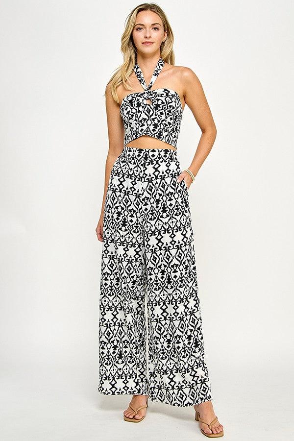 2pc set- print crop halter top & wide leg pant