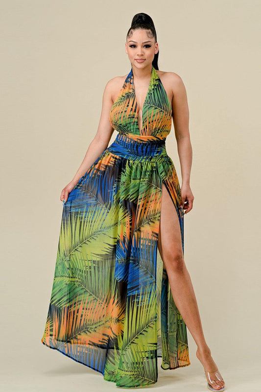 tropical palm halter maxi dress