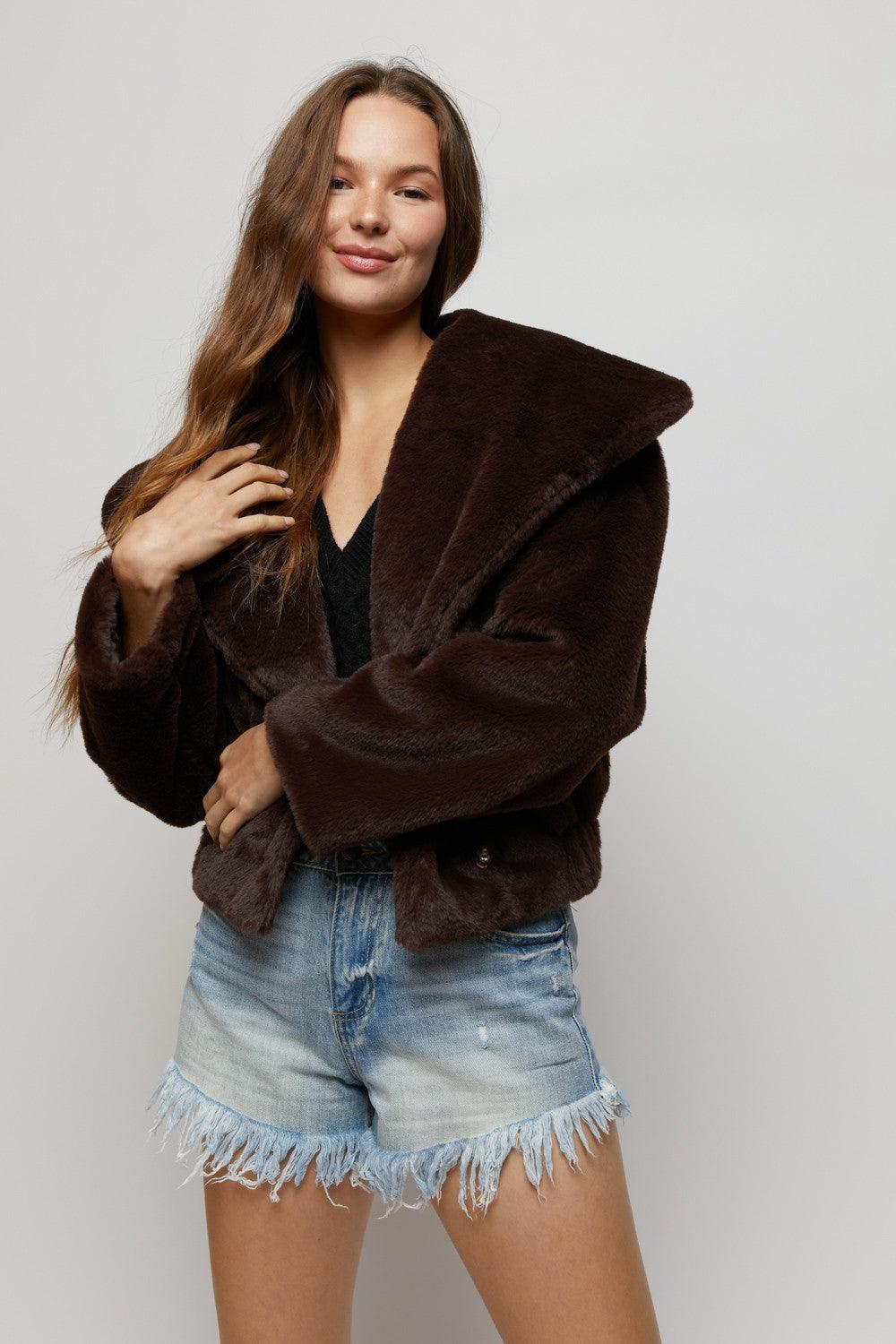 faux fur elastic waist jacket w/ hood