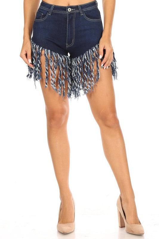 high waist stretchy fringe jean shorts