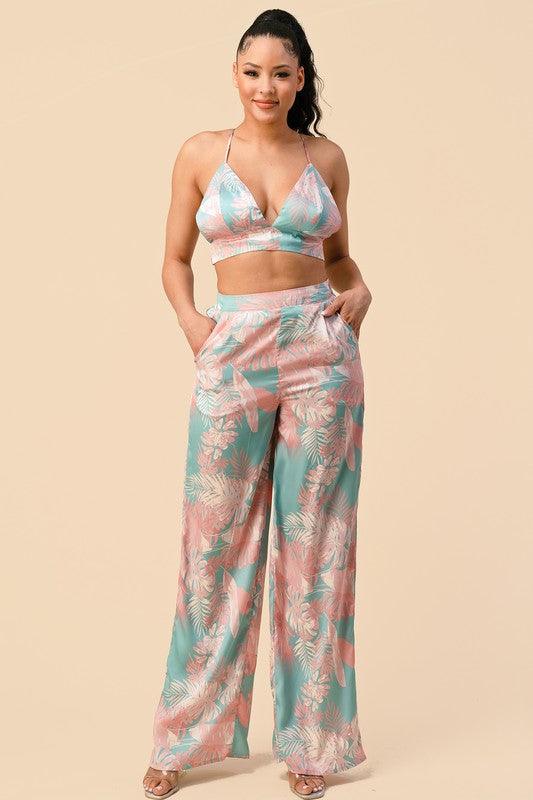 2pc set- tropical satin bralette & high waist pants